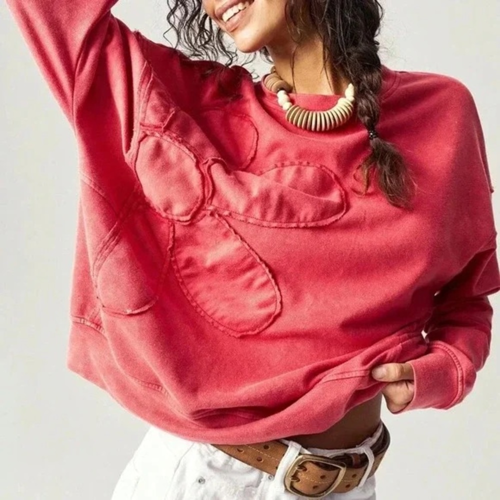 LAST 2! Floral Patch Mineral Washed Red Oversized Sweatshirt Pullover